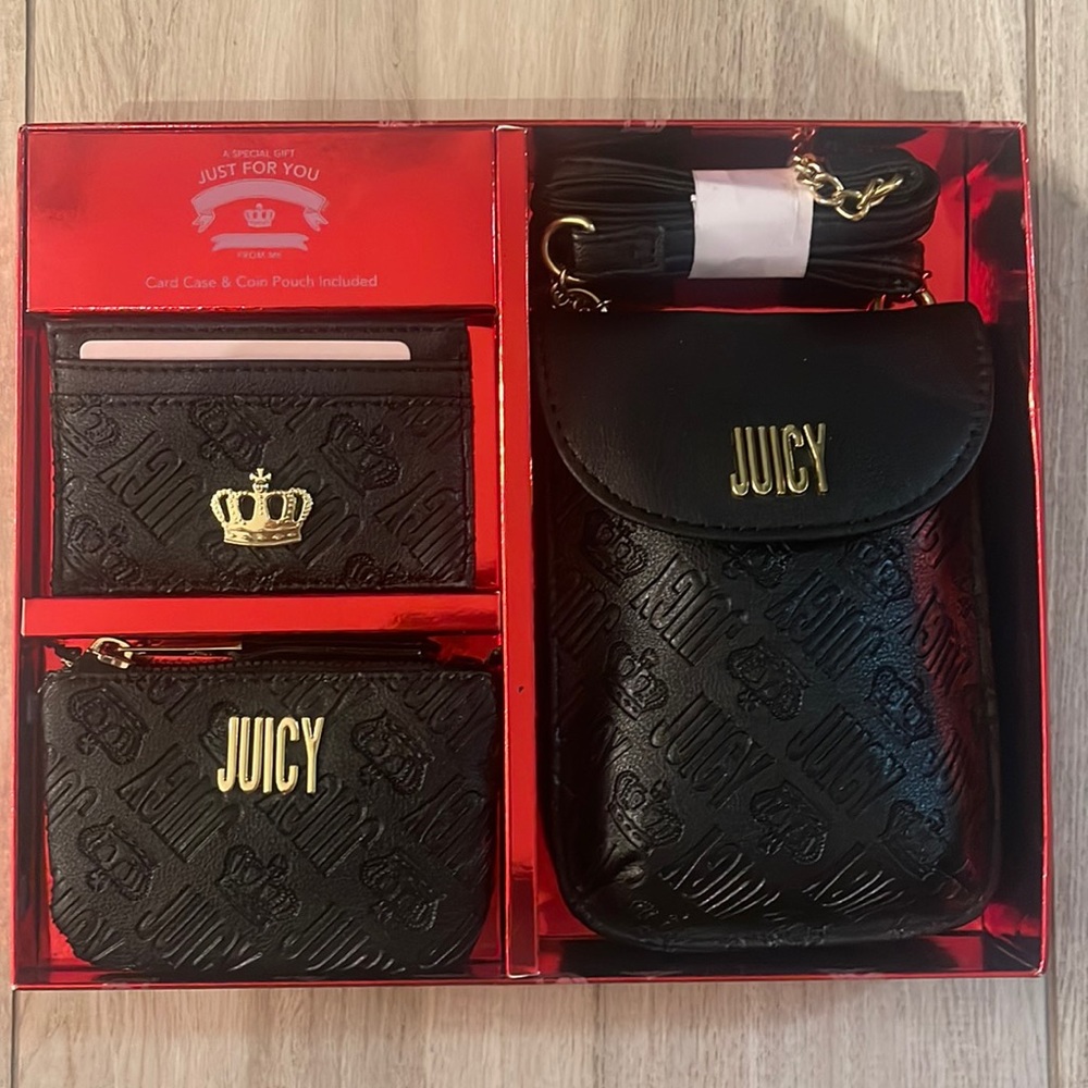 Black crossbody bag, coin purse, and card case.